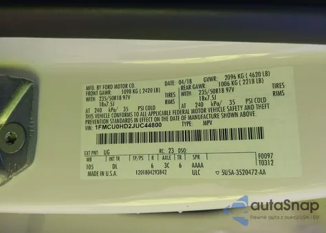 2018 Ford Escape Sel из США, поврежденный, VIN 1FMCU0HD2JUC44800